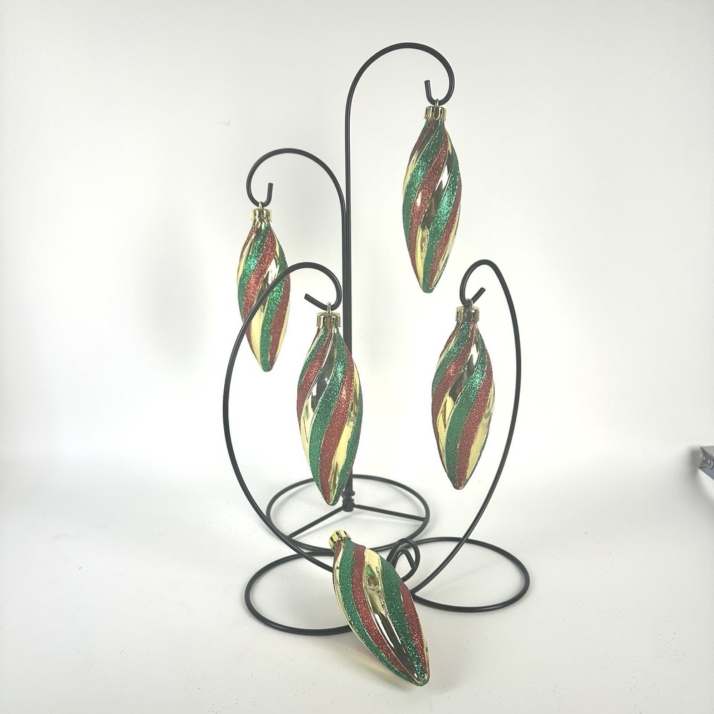 Set Of 5 Red Green Gold Torpedo Christmas Ornaments Plastic 5in Retro